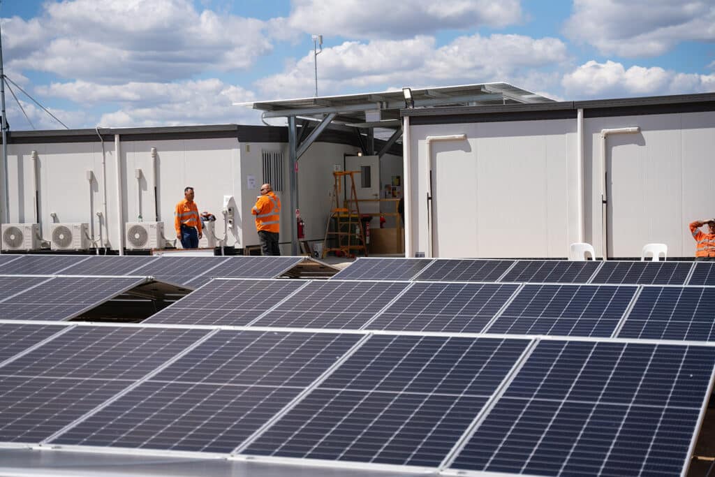 Large scale solar grid on a construction site through Blue Diamond Machinery.