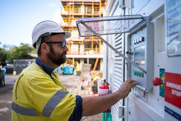 Blue Diamond Machinery worker operating the equipment monitoring system of an AMPD ESS unit on a construction site.